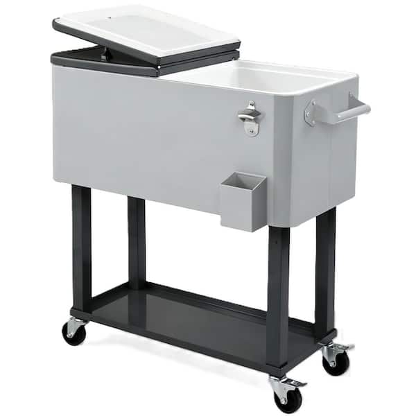 80 qt. Rolling Ice Chest, Portable Bar Drink Cooler with Catch Basin, Bottom Storage Tray and Bottle Opener, Gray