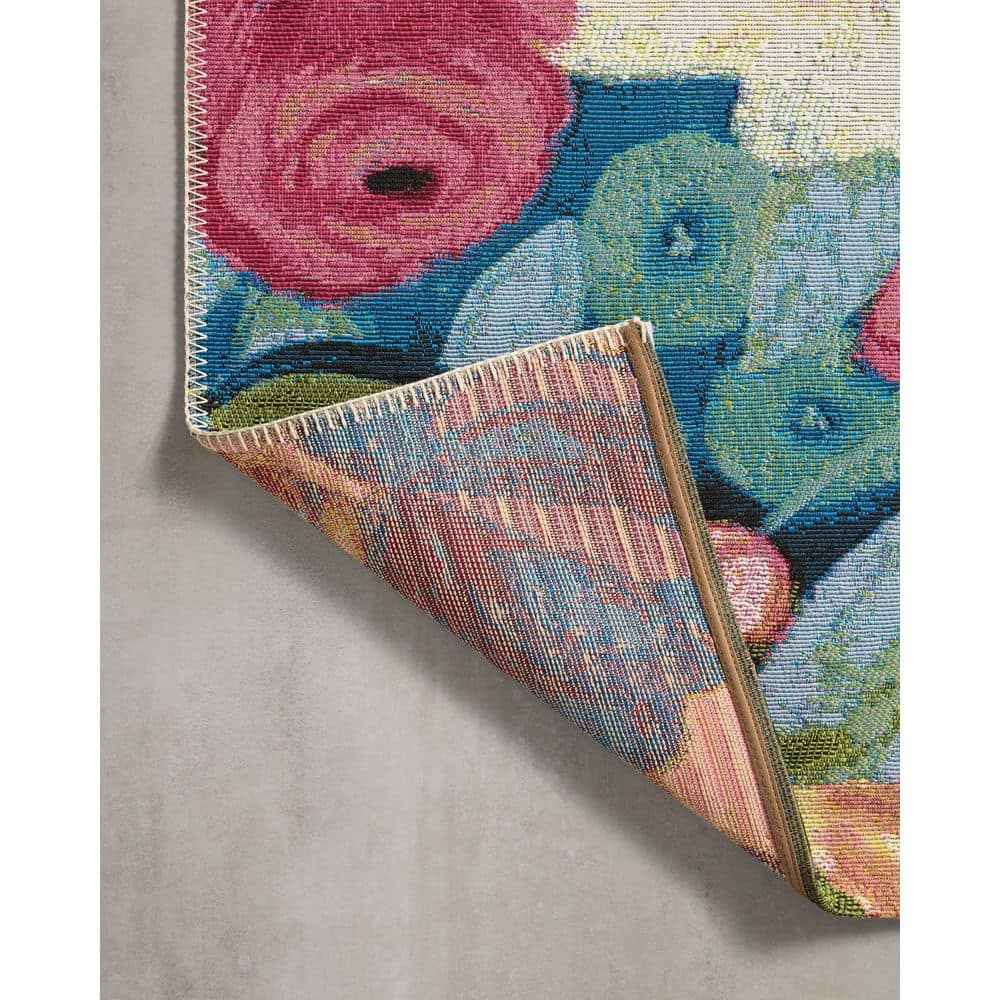 Navy and Multicolor Floral Wool and Synthetic Area Rug