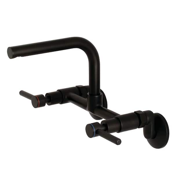 Kingston Brass Adjustable Center 2-Handle Wall-Mount Standard Kitchen Faucet in Matte Black