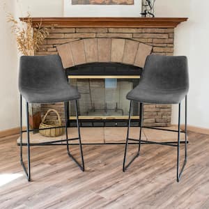 Leisure Chair 30 in. Faux Charcoal Leather, High Back, Black Steel Bar Stool (Set of 2)