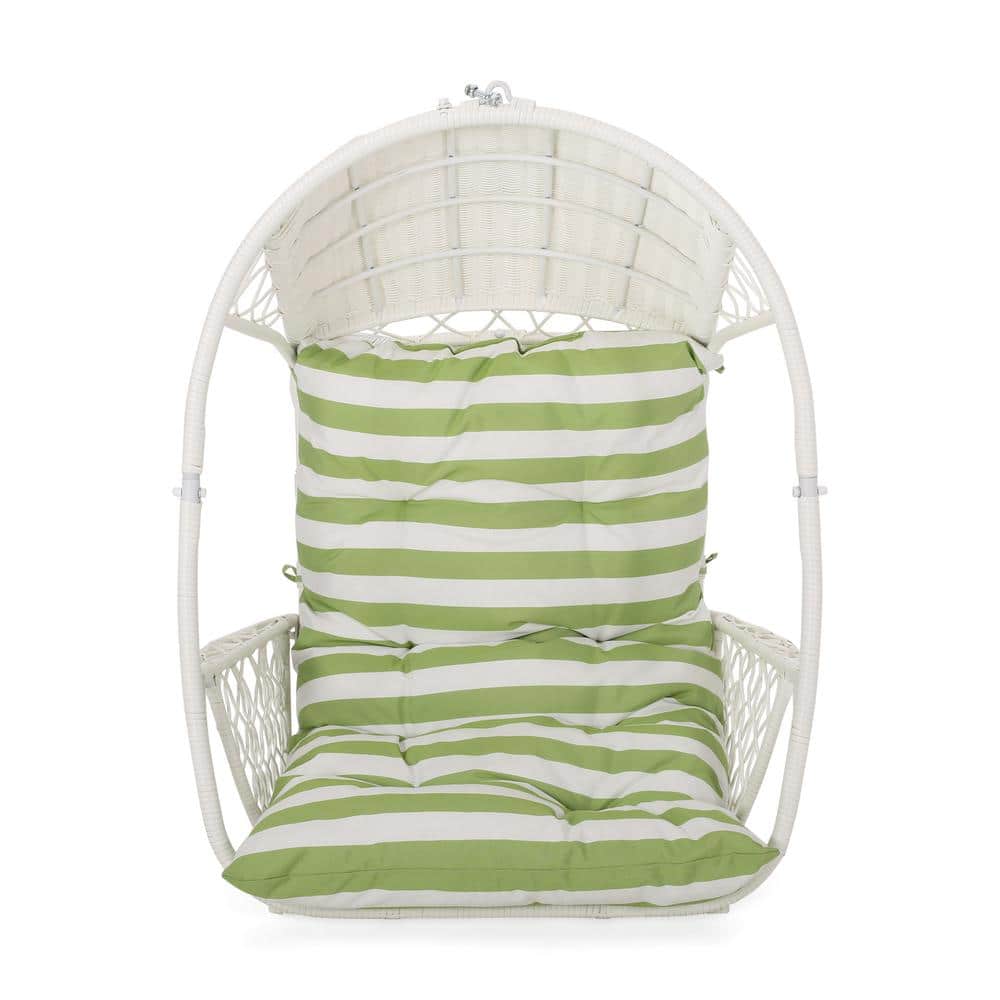 White Faux Rattan Iron Wicker Outdoor Hanging Chair with Green Cushion With