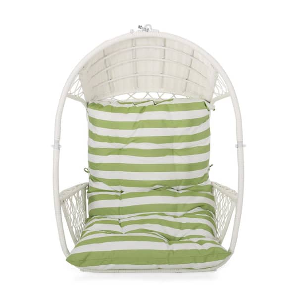 Unbranded White Faux Rattan Iron Wicker Outdoor Hanging Chair with Green Cushion Without Stand