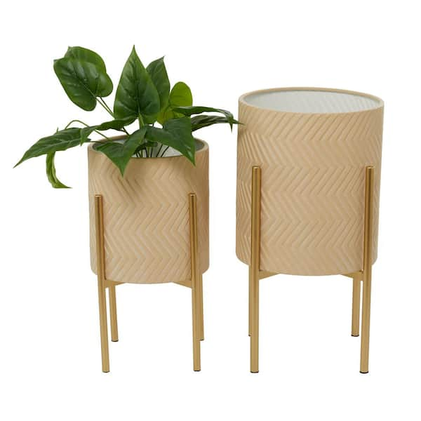 6 Inch Beige & Brown Ceramic Embossed Plant Pots, Set of 2