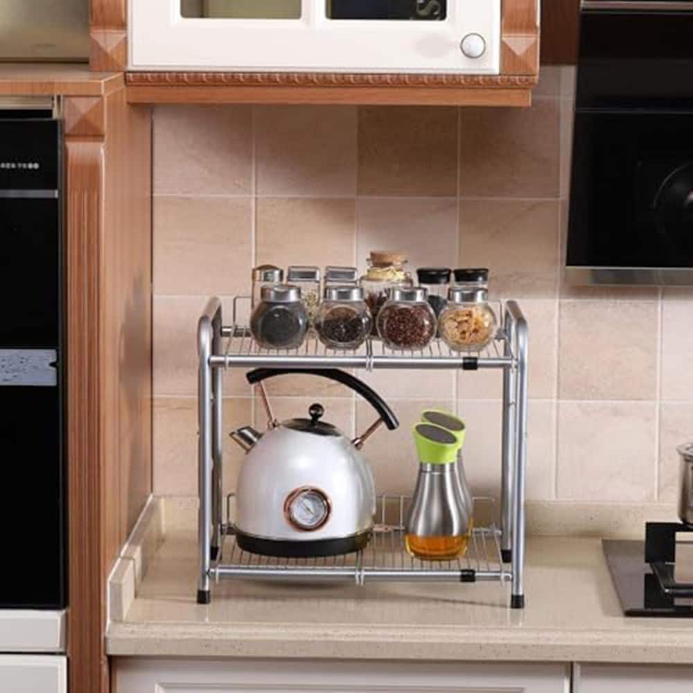 Anqtovp 2-Tier Expandable Silver Rack Adjustable Height Under Sink ...