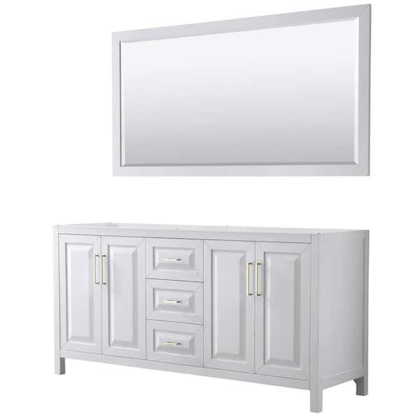 Wyndham Collection Daria 71 in. W x 21.5 in. D x 35 in. H Bath Vanity Cabinet without Top in White with Gold Trim and 70 in. Mirror