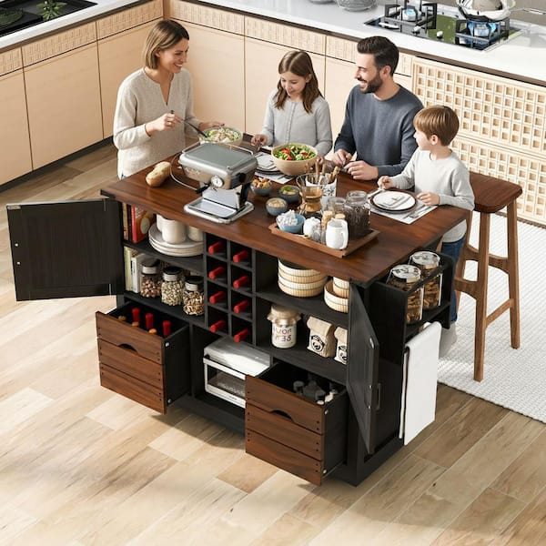 Runesay Classic Wood Black 48 in. Power Outlet Drop Leaf Kitchen Island Rolling Cart with Internal Rack and 5 Open Side Racks