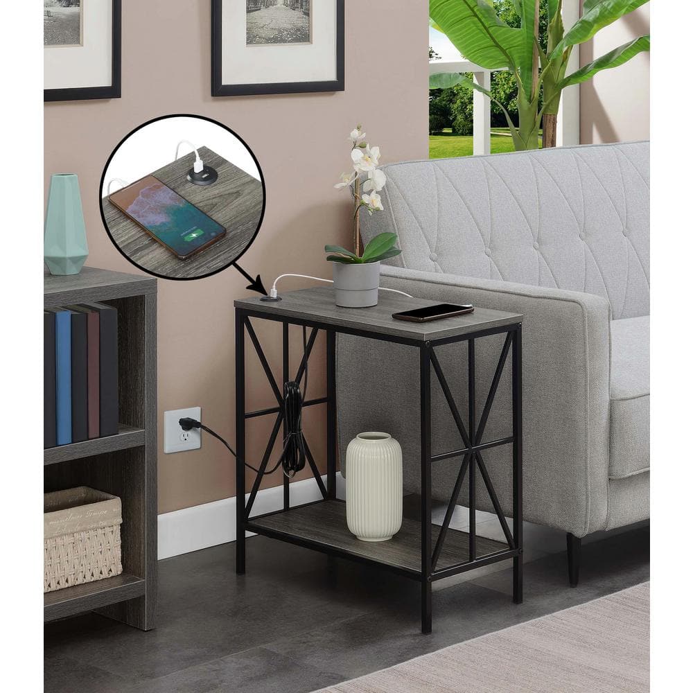 Weathered Gray and Black Metal End Table with USB Charging Station