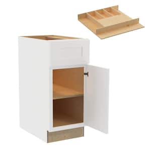 Newport 15 in. W x 24 in. D x 34.5 in. H Pacific White Painted Plywood Shaker Assembled Base Kitchen Cabinet Rt CT Tray
