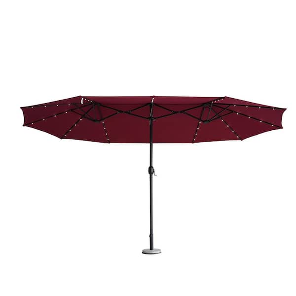JAXPETY 15 ft. Outdoor Patio Market Umbrella with Lights Sunbrella Solar Umbrellas in Wine Red