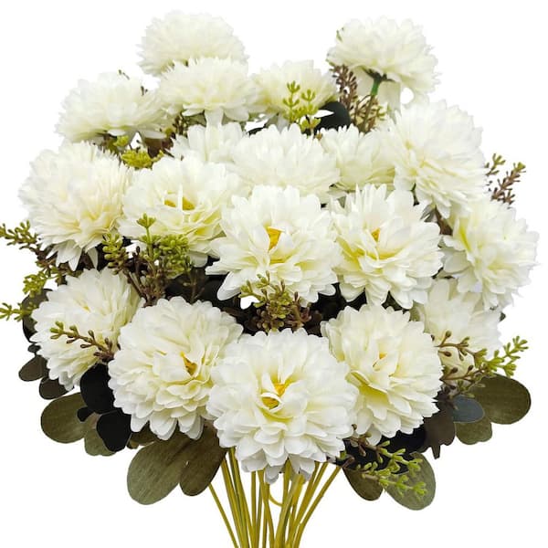 14.9 in White Flowers Artificial Mums 2 Pcs 18 Heads Silk Chrysanthemums Fake Mums Faux Floral Bouquet