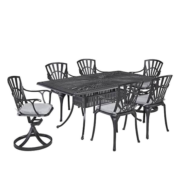 HOMESTYLES Grenada Charcoal Gray 7-Piece Cast Aluminum Rectangular Outdoor Dining Set with Gray Cushion