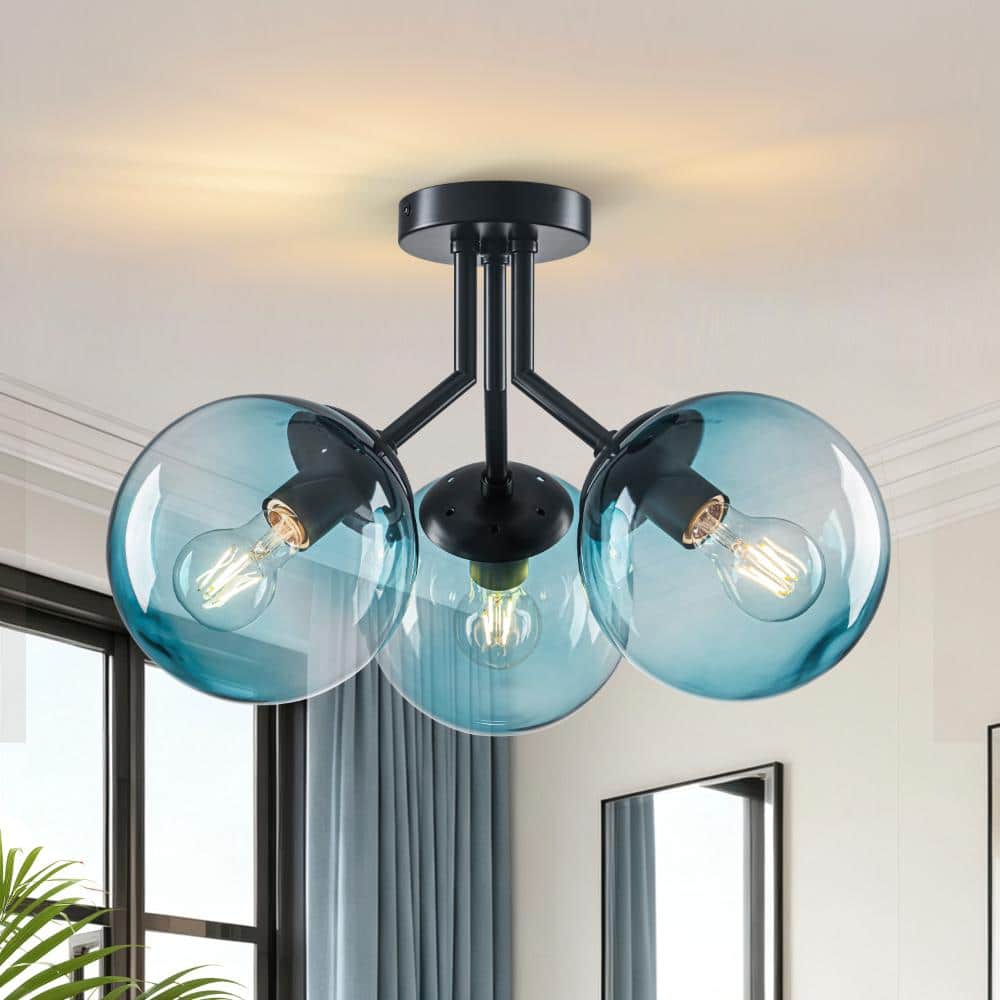 19 in. 3-Light Modern Matte Black Sputnik Semi Flush Mount Ceiling Light with Gradual Blue Glass for Dining Room Bedroom price history on PriceWatchPro