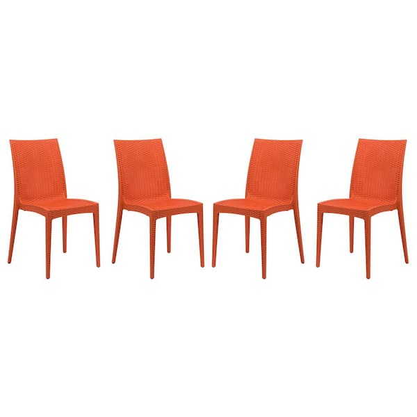 Leisuremod Orange Mace Modern Stackable Plastic Weave Design Indoor Outdoor Dining Chair (Set of 4)