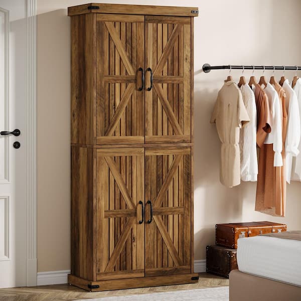 71 in. H x 29 in. W Rustic Brown Wood Tall Shoe Storage Cabinet, Large Shoe Organizer Entryway Shoe Rack with Barn Doors