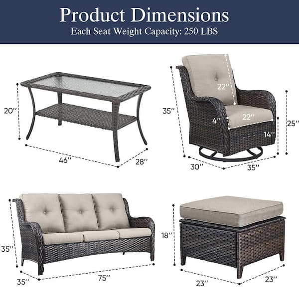 6-Piece Brown Wicker Patio Conversation Set with Olefin Beige Cushions and Swivel Glider Chairs/Sofa