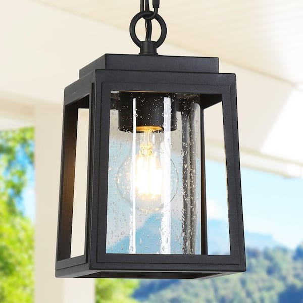 9.8 in. 1-Light Black Modern Dimmable Rectangle Outdoor Porch Pendant Light Industrial Lantern with Seeded Glass