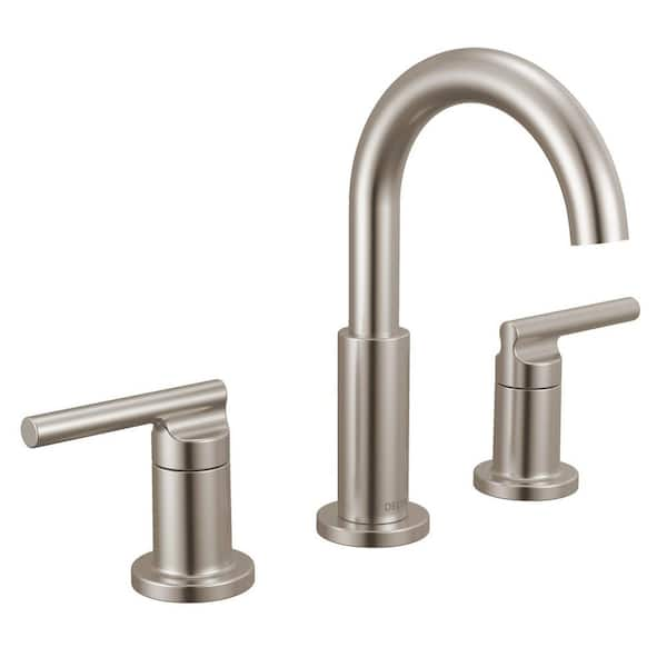 Nicoli 8 in. Widespread Double Handle Bathroom Faucet with Slim Handle and Drain Kit Included in Brushed Nickel