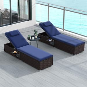 Wicker PE Rattan Outdoor Chaise Lounge with 6-Level Backrest, Navy Cushions