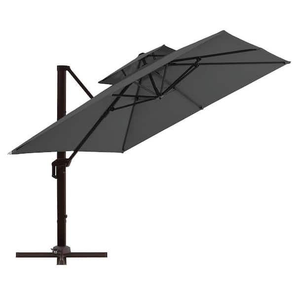PASAMIC 10 ft. Double Top Aluminum Patio Offset Umbrella Square Cantilever Umbrella Recycled Fabric and 360°Rotation in DarkGrey