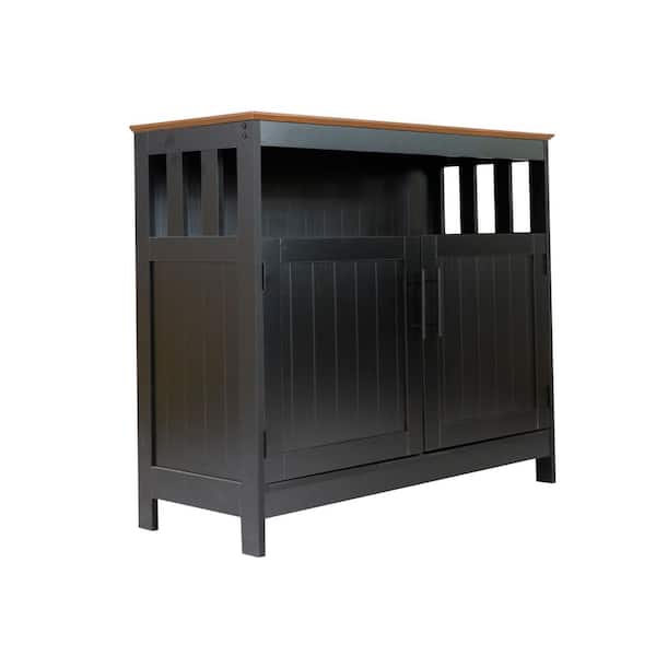 Carnegy Avenue Mayfield Walnut Top/Black Frame 34 in. with Double Door Storage Cabinet and Open Storage Shelf in Gray