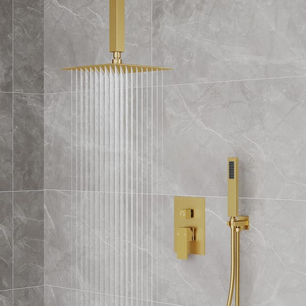 Single-Handle 2-Spray Wall Mount 10 in. Shower Faucet 2.5 GPM with Anti Scald with Hand Shower Faucet in. Brushed Gold