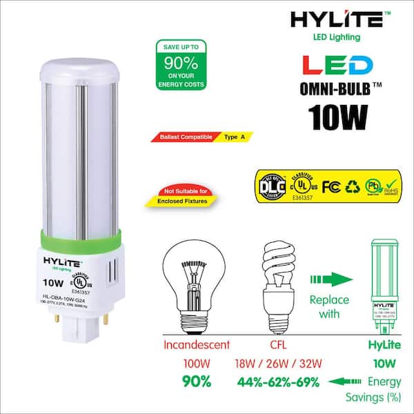 Namaak Injectie Afwezigheid 10W Omni-Bulb LED Lamp 18W/26W/32W CFL Equivalent 3500K 750 Lumens Ballast  Compatible 120-277V UL Listed (10-Pack) HL-OBA-10W-G24-35K - The Home Depot