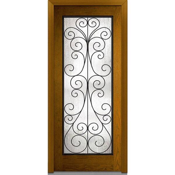 MMI Door 36 in. x 80 in. Camelia Right-Hand Inswing Full Lite Decorative Midcentury Stained Fiberglass Oak Prehung Front Door
