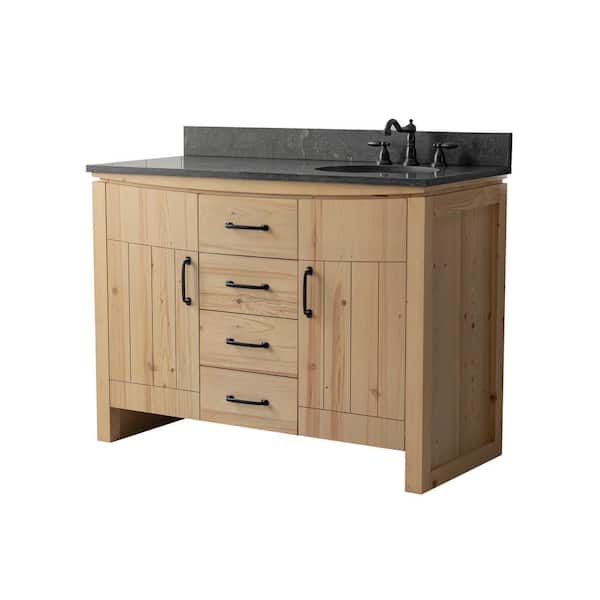48 in. Single Sink Natural Finish Bath Vanity with Blue Limestone Stone Top and Right Side Basin