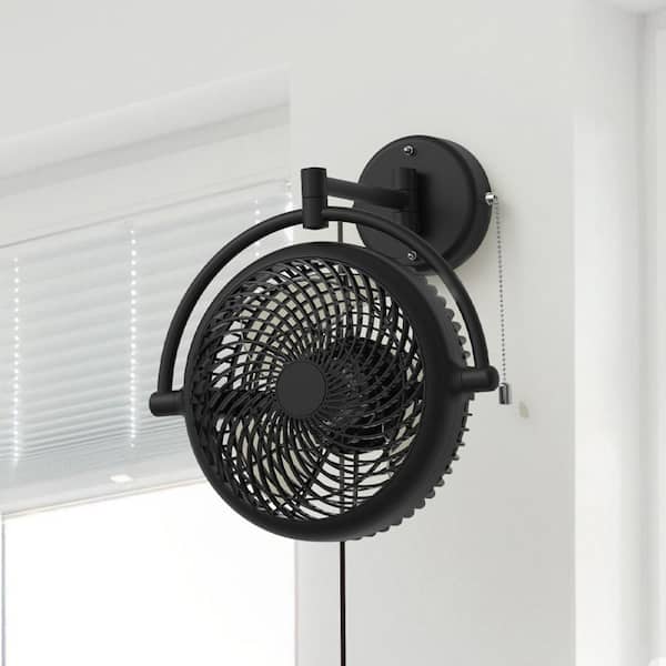 10 in. 2-Speeds Wall Fan in Black with Pull Chain Control 180° Oscillate