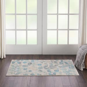 Tranquil Ivory/Turquoise 2 ft. x 4 ft. Floral Modern Kitchen Area Rug