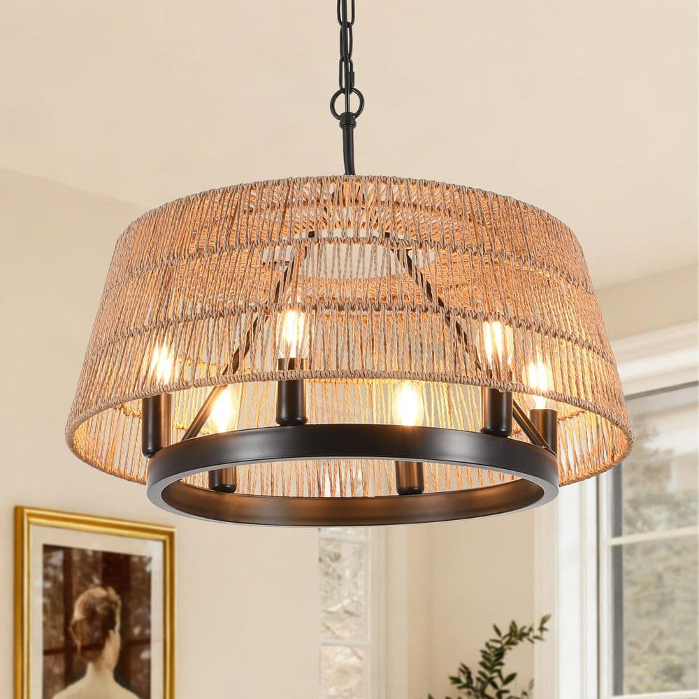 Scrow 22 in. 6-Light Matte Black Drum Chandelier Hanging Light with Hand-Woven Paper Rope Shade price history on PriceWatchPro