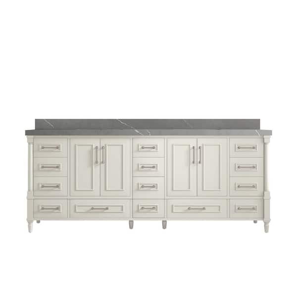 Willow Collections Hudson 84 in. Double Sink Freestanding Alabaster Bath Vanity with Piatra Gray Qt. Top Unassembled