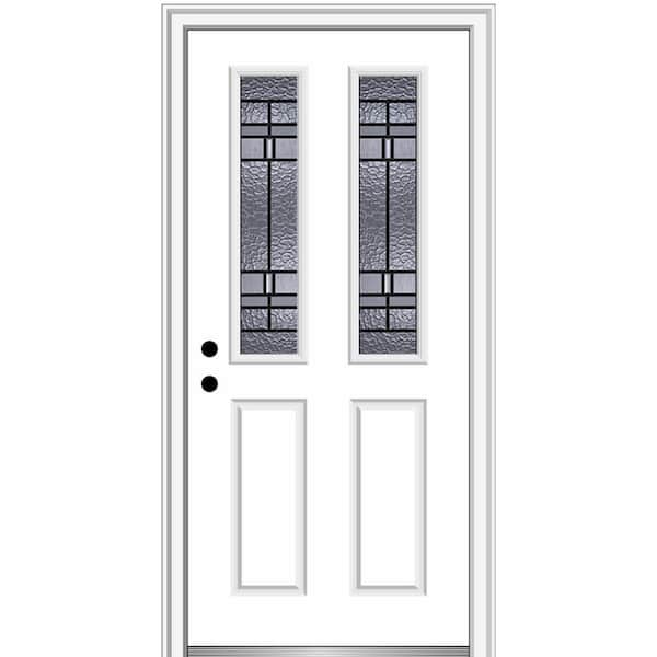 MMI Door Pembrook 30 in. x 80 in. 2-Panel Right-Hand Inswing 1/2 Lite Decorative Glass Primed Fiberglass Prehung Front Door