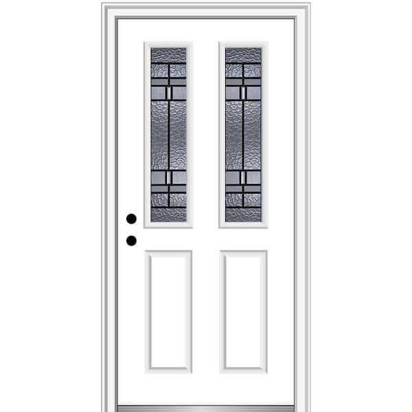 MMI Door Pembrook 36 in. x 80 in. 2 Panel Right-Hand Inswing 1/2 Lite Decorative Glass Primed Fiberglass Prehung Front Door