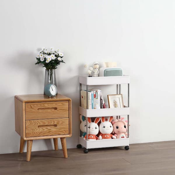 Unbranded White and Silver 3-Layer Mobile Multi-functional Kitchen Storage Cart