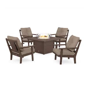 Prairie 5-Pieces Plastic Patio Fire Pit Deep Seating Set in Mahogany with Spiced Burlap Cushions