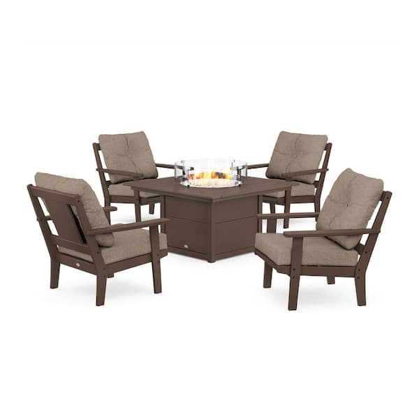 POLYWOOD Prairie 5-Pieces Plastic Patio Fire Pit Deep Seating Set in Mahogany with Spiced Burlap Cushions