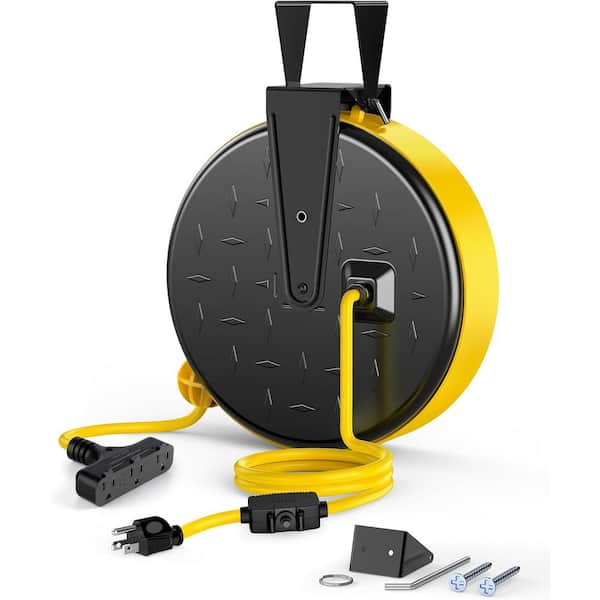 3-Outlet Retractable Extension Cord Reel 16/3 Gauge SJTW-10 Amp Circuit Breaker in Yellow
