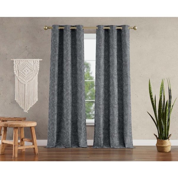 Jessica Simpson Groovy Textured Gray Polyester Blackout Grommet Tiebacks Curtain - 38 in. W x 96 in. L (2-Panels and 2-Tiebacks)