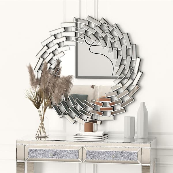 THKSHOUZ Silver 31.5 in. W x 31.5 in. H Sunburst Glass Decorative Mirror