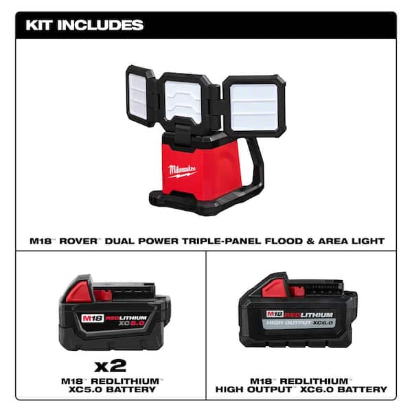 M18 18-Volt Lith-Ion Cordless 4500 Lumens ROVER Light with (1) High Output 6.0Ah Battery and (2) 5.0Ah Battery (3-Pack)