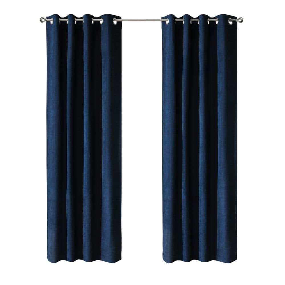 Chenille Dark Navy Polyester Textured 52 in. W x 84 in. L Grommet Indoor Bl
