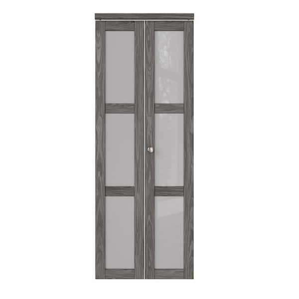 ARK DESIGN 30 in. x 80 in. 3-Lite Frosted Glass Solid Core Dark Walnut Finished MDF Interior Closet Bi-Fold Door with Hardware