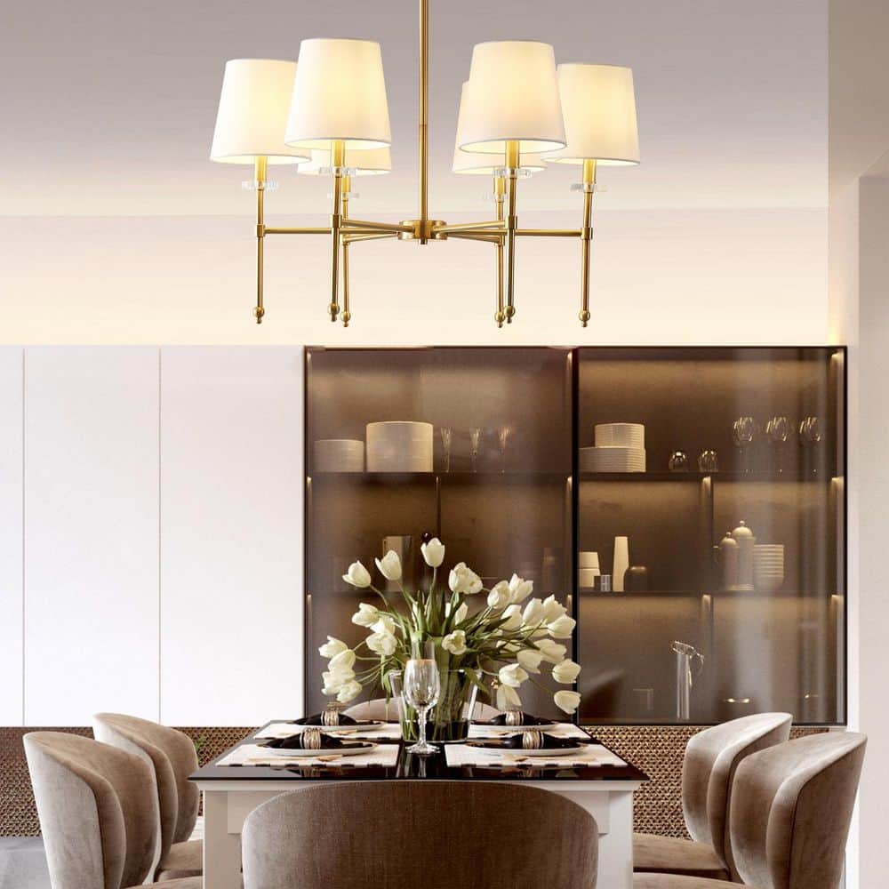 Cillian 27" Satin Gold Brass 6-Light LED Chandelier with White Fabric Shades
