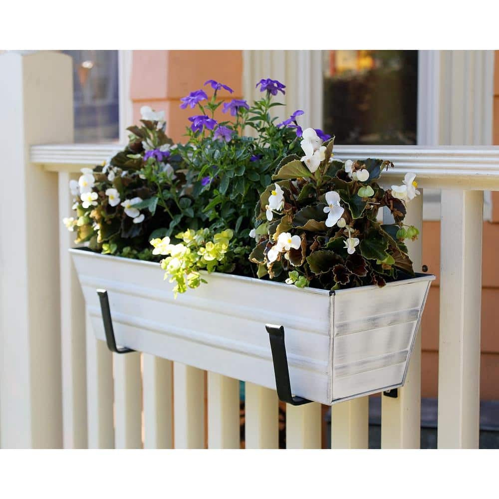 Small White Galvanized Flower Box with Black Brackets