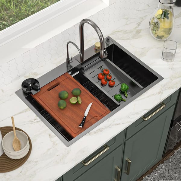 33 in. Gunmetal Black Drop-In Single Bowl 16-Gauge Stainless Steel Workstation Kitchen Sink with Faucet and Cup Washer