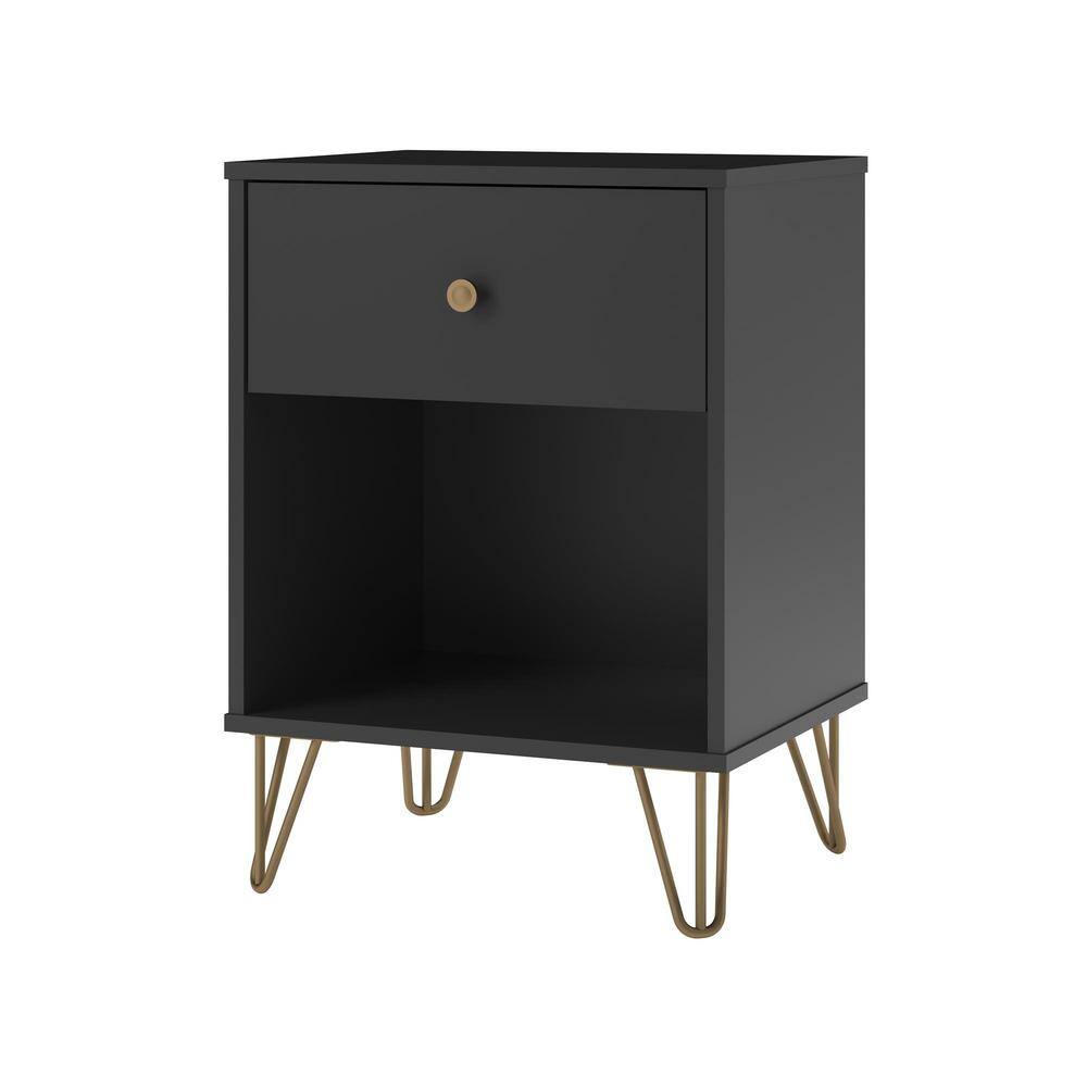 Black and Gold Mid-Century Modern Nightstand with Drawer