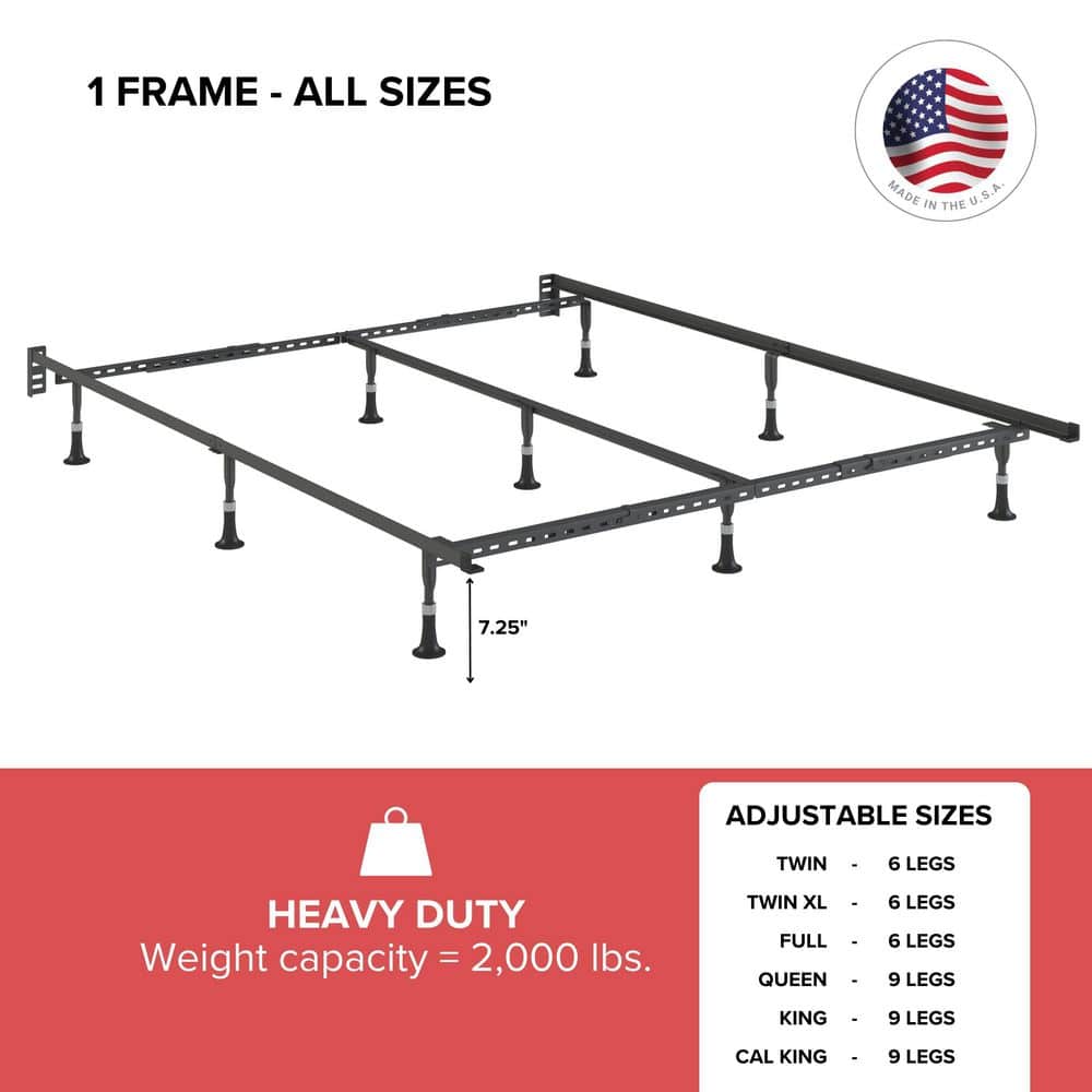 Adjustable Black Steel Queen Bed Frame with 9 Legs