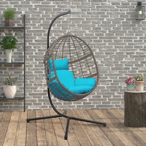 78 in. Grey Wicker Outdoor Basket Swing Chair with Aqua Cushion and Stand