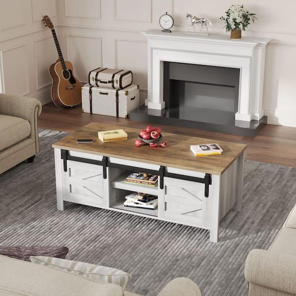 LACOO 47 in. Farmhouse Washed White Rectangle Oak Wood
